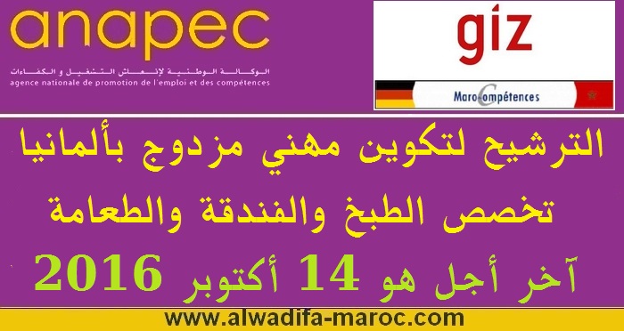 الوكالة الوطنية لإنعاش التشغيل والكفاءات: الترشيح لتكوين مهني مزدوج بألمانيا تخصص الطبخ والفندقة والطعامة، آخر أجل هو 14 أكتوبر 2016