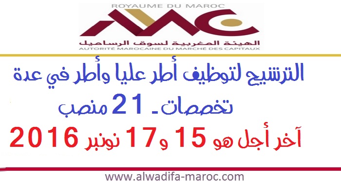 الهيئة المغربية لسوق الرساميل: الترشيح لتوظيف أطر عليا وأطر في عدة تخصصات - 21 منصب، آخر أجل هو 15 و17 نونبر 2016
